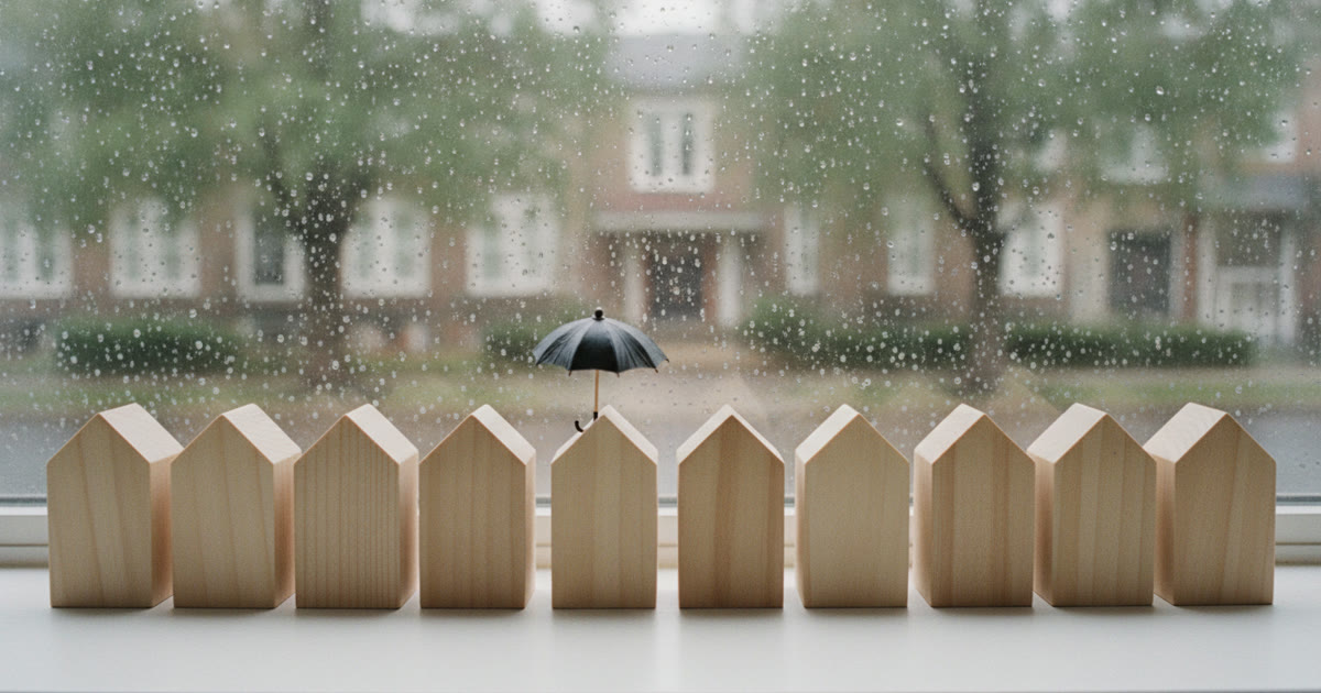 Fileira de casinhas de madeira em miniatura no parapeito de uma janela com gotas de chuva, só uma delas protegida por um pequeno guarda-chuva aberto, representando as poucas apólices de seguro residencial com cobertura contra estragos causados pela água.