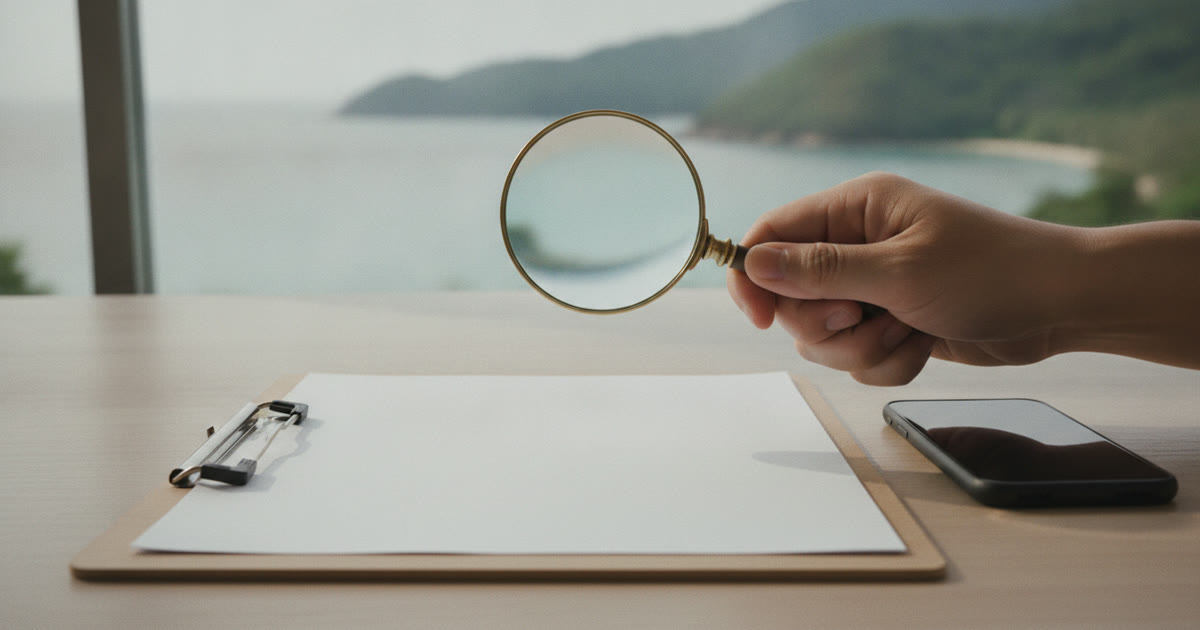 Mão segurando uma lupa sobre a mesa de escritório, perto de uma prancheta com ficha de cadastro em branco e de um celular, com o litoral ao fundo pela janela, representando a conferência do registro de um corretor de seguros antes de contratar.