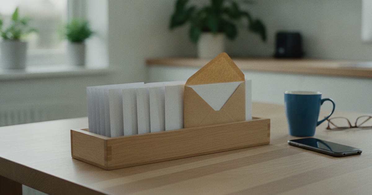 Fileira de envelopes brancos numa caixa de madeira sobre a mesa da cozinha, com um único envelope pardo aberto perto da ponta, ao lado de uma caneca azul, de óculos de leitura e de um celular apagado, representando a conferência dos seguros no próprio CPF.