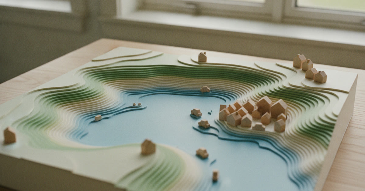 Maquete de papel em camadas de um litoral com morros e baía, sobre uma mesa junto à janela, com pequenas casas e carros de madeira espalhados pelo relevo, representando o consórcio de imóveis e de veículos crescendo no Espírito Santo.