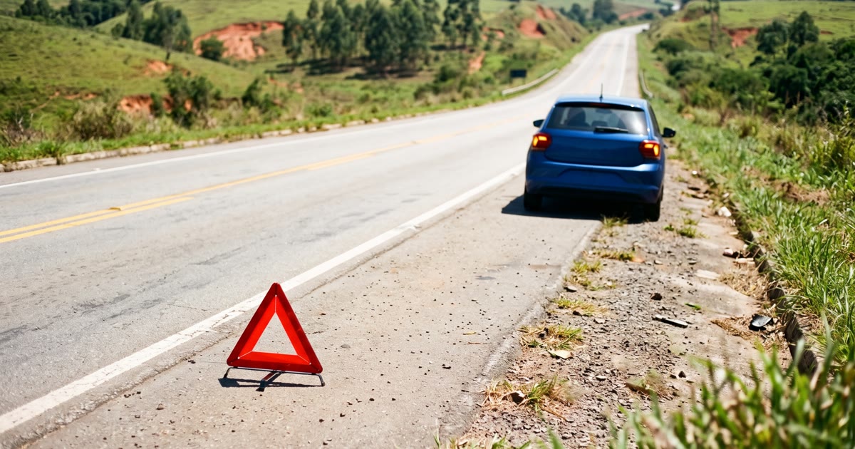 Triângulo de sinalização em pé no acostamento de uma rodovia de pista simples entre morros verdes e barrancos de terra vermelha, sob o sol do meio-dia, com um carro azul de luzes traseiras acesas parado mais à frente, representando a preparação antes de pegar a estrada no feriadão.