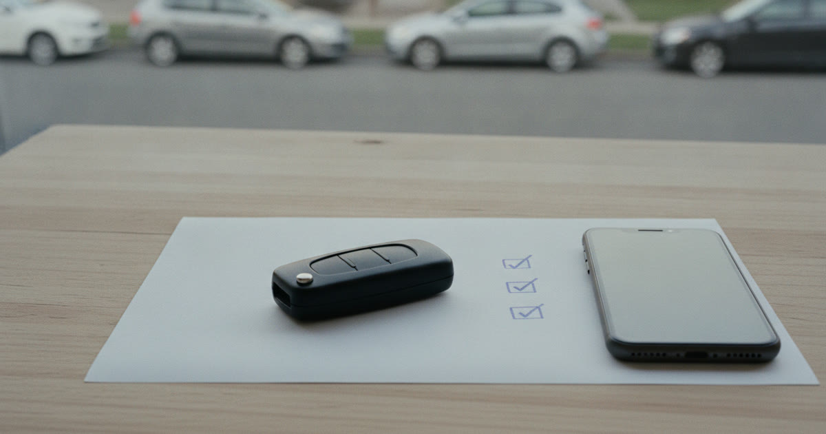Chave de carro sobre uma folha com três quadradinhos desenhados a caneta, todos marcados, ao lado de um celular numa mesa junto à janela, com uma rua de carros estacionados desfocada ao fundo, representando a lista do que conferir no licenciamento antes de rodar.
