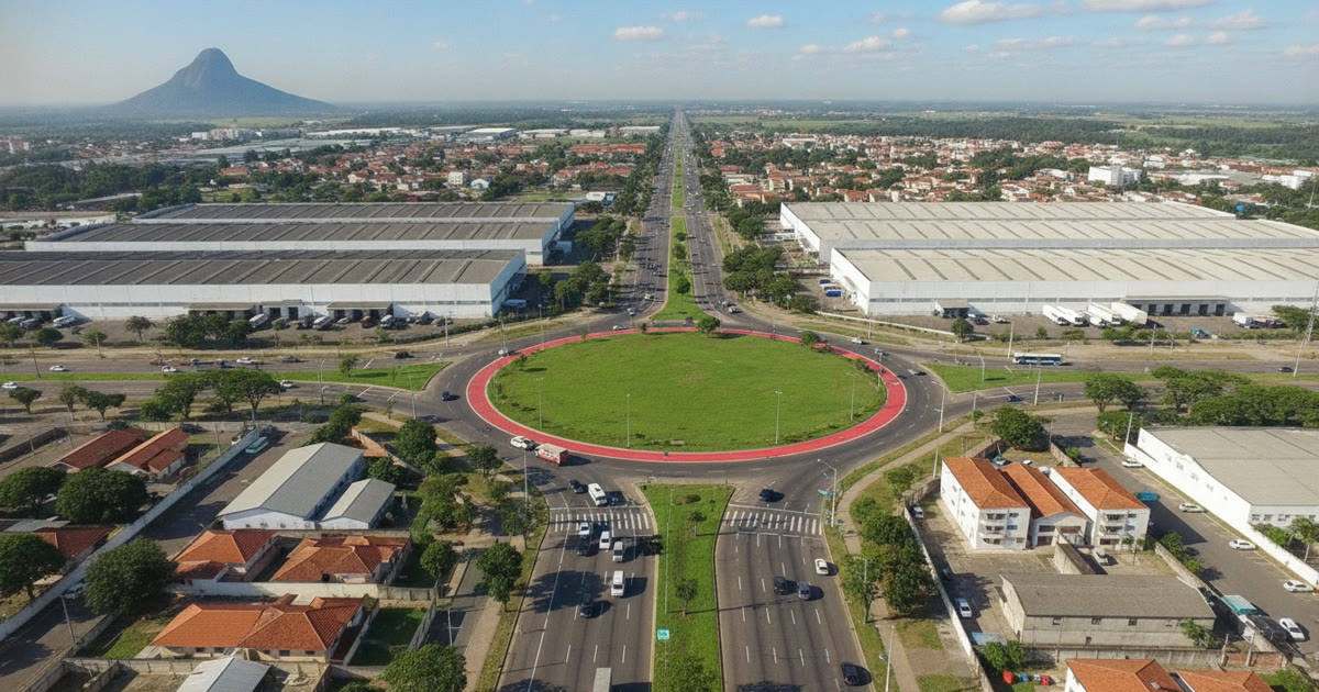 Vista aérea, numa manhã de sol, de um grande trevo com ciclovia vermelha numa região plana de galpões de logística e casas de telhado de barro, com uma montanha isolada no horizonte, representando a frota de veículos da Serra, a maior do Espírito Santo.