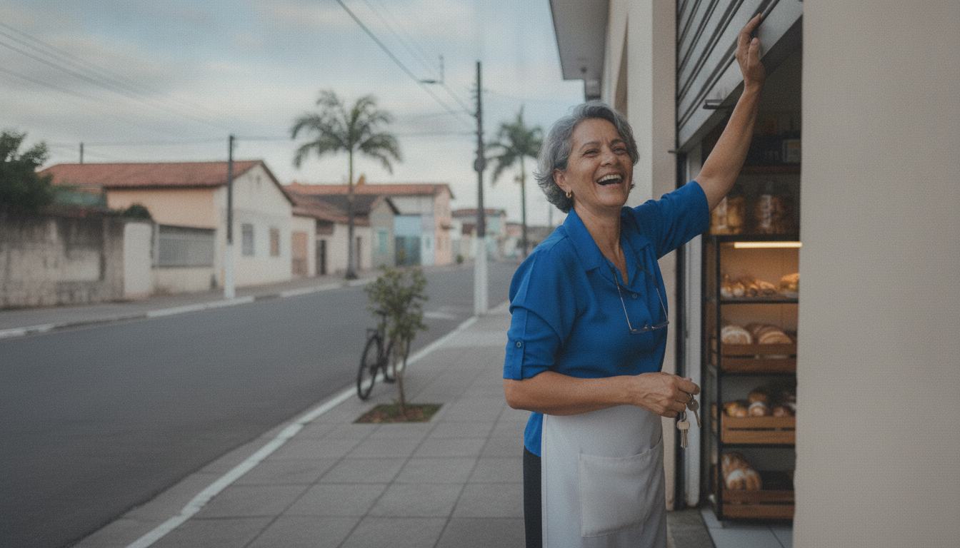 Dona de padaria de bairro levantando a porta de enrolar para abrir a loja de manhã