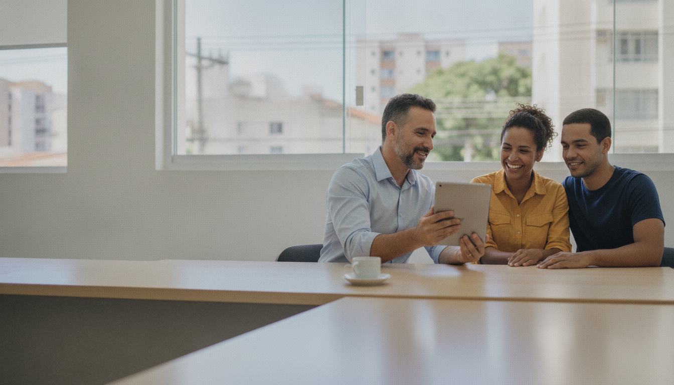 Corretor de seguros mostrando opções num tablet a um casal, os três sorrindo numa mesa de escritório