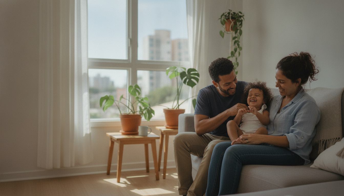 Pai, mãe e filha pequena rindo juntos no sofá da sala de casa