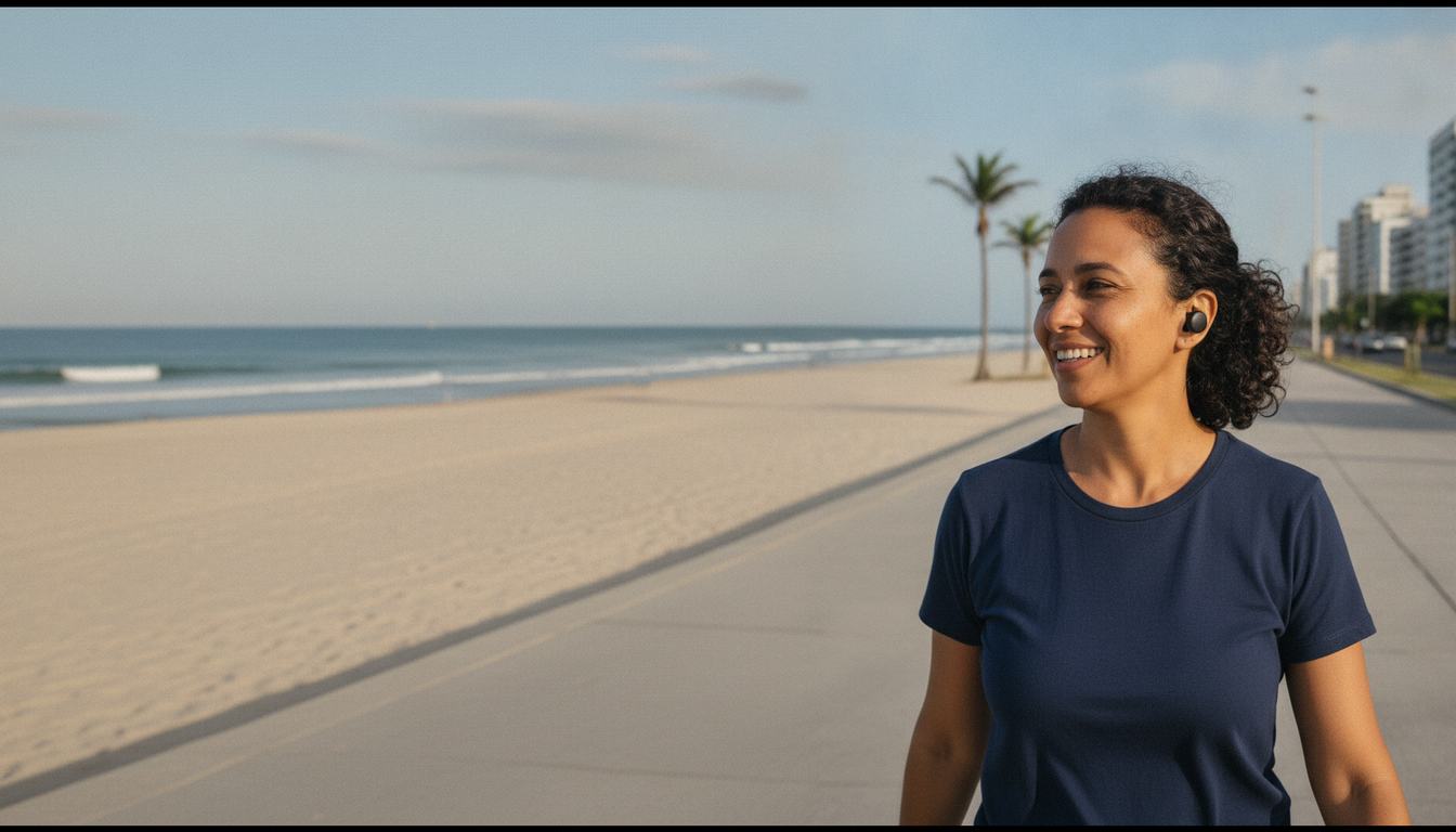 Mulher sorrindo numa caminhada de manhã no calçadão da praia
