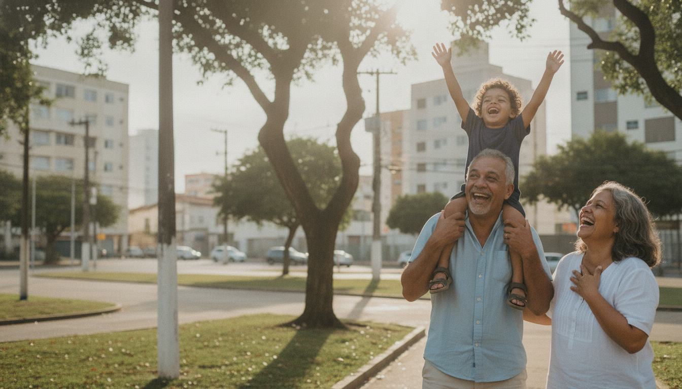 Avô com o neto nos ombros e a avó rindo numa praça arborizada