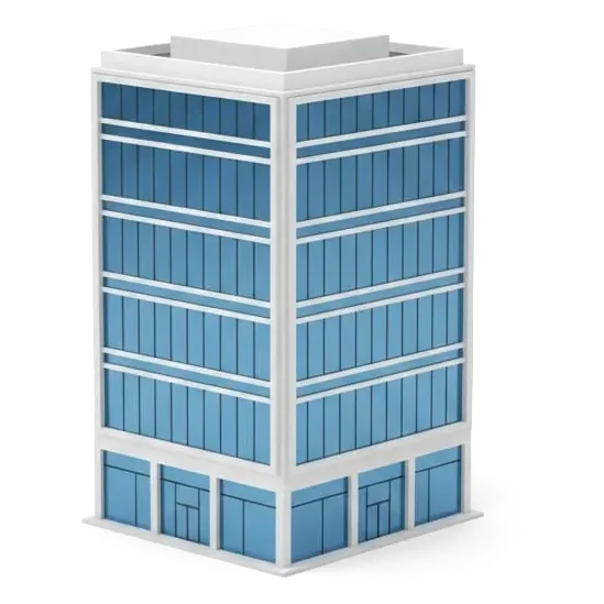 Um prédio comercial de vidro azul em miniatura.