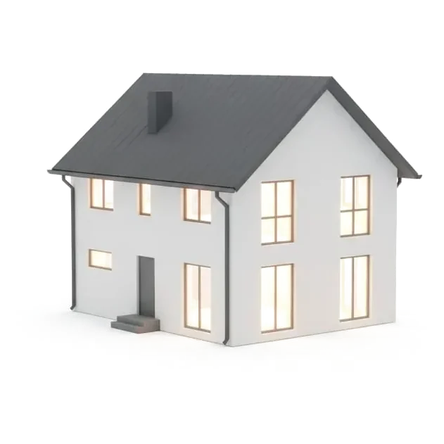 Uma casa moderna de dois andares em miniatura, com as janelas acesas.