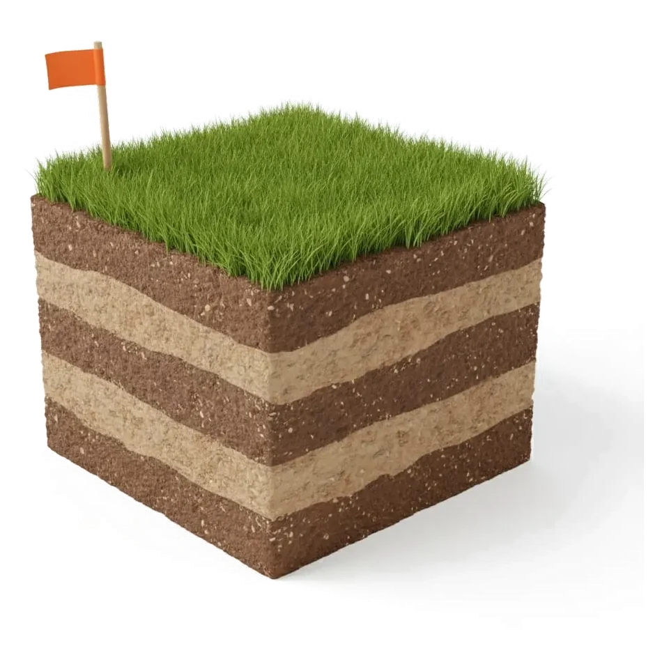 Um bloco de terreno em miniatura, com grama e uma estaca de demarcação.